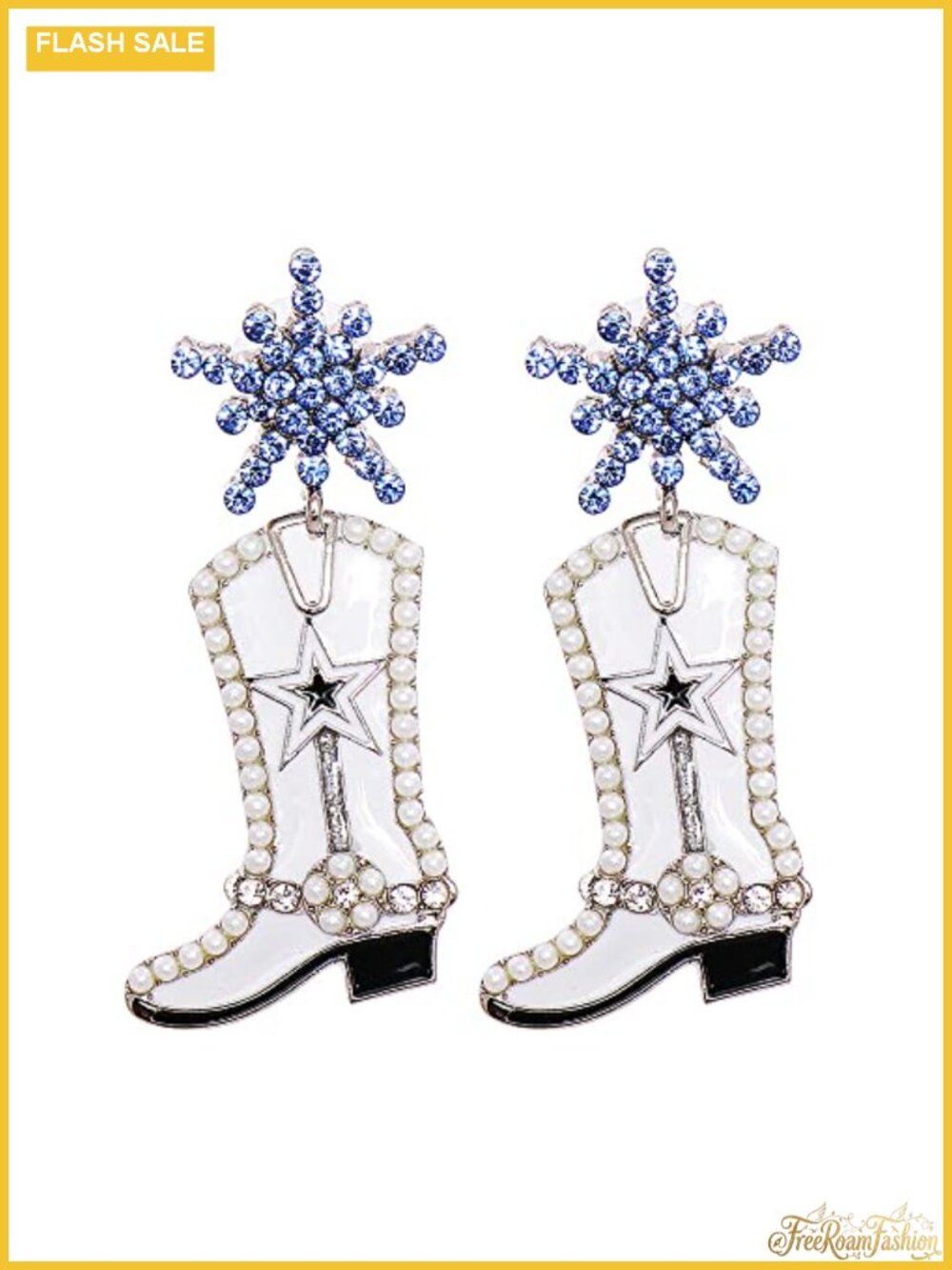 CZ Snowflake Cowgirl Boot Dangle Earrings Cubic Zirconia Western Drop